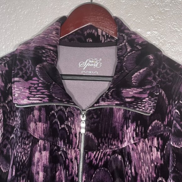 Style & Co Sport Womens 1X Velour Jacket Purple Black Abstract Full Zip  LW - Picture 4 of 15